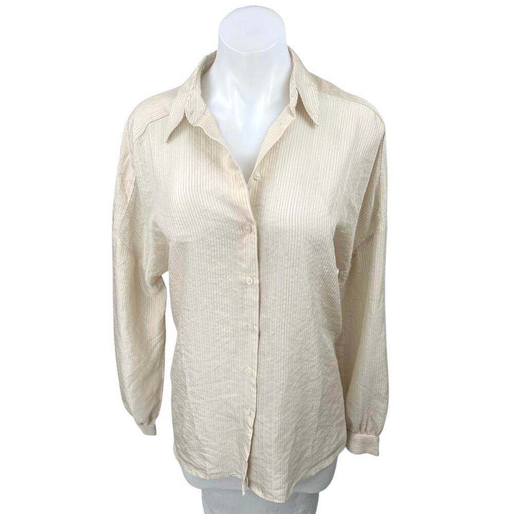 Mango MNG Women's Cream White Pinstripe Long Sleeve Button Up Shirt Blouse Top 4